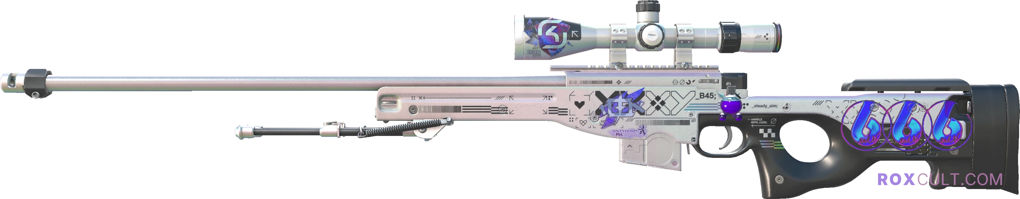 AWP | Printstream (Minimal Wear) — rox (Holo) Antwerp 2022 craft, playside view with 1 rox (Holo) sticker