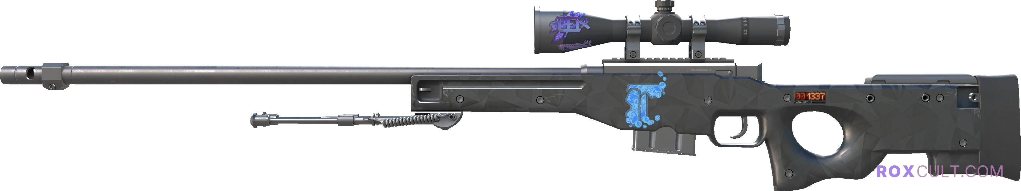 StatTrak™ AWP | Graphite (Factory New) — rox (Holo) Antwerp 2022 craft, playside view with 1 rox (Holo) sticker