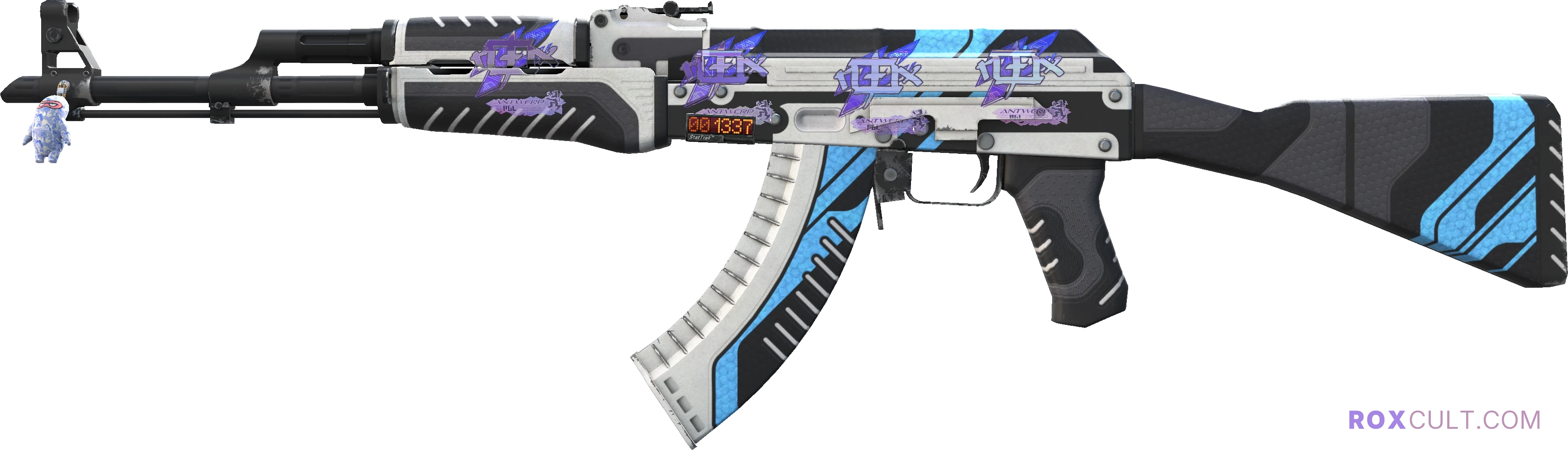 StatTrak™ AK-47 | Vulcan (Factory New) — rox (Holo) Antwerp 2022 craft, playside view with 4 rox (Holo) stickers