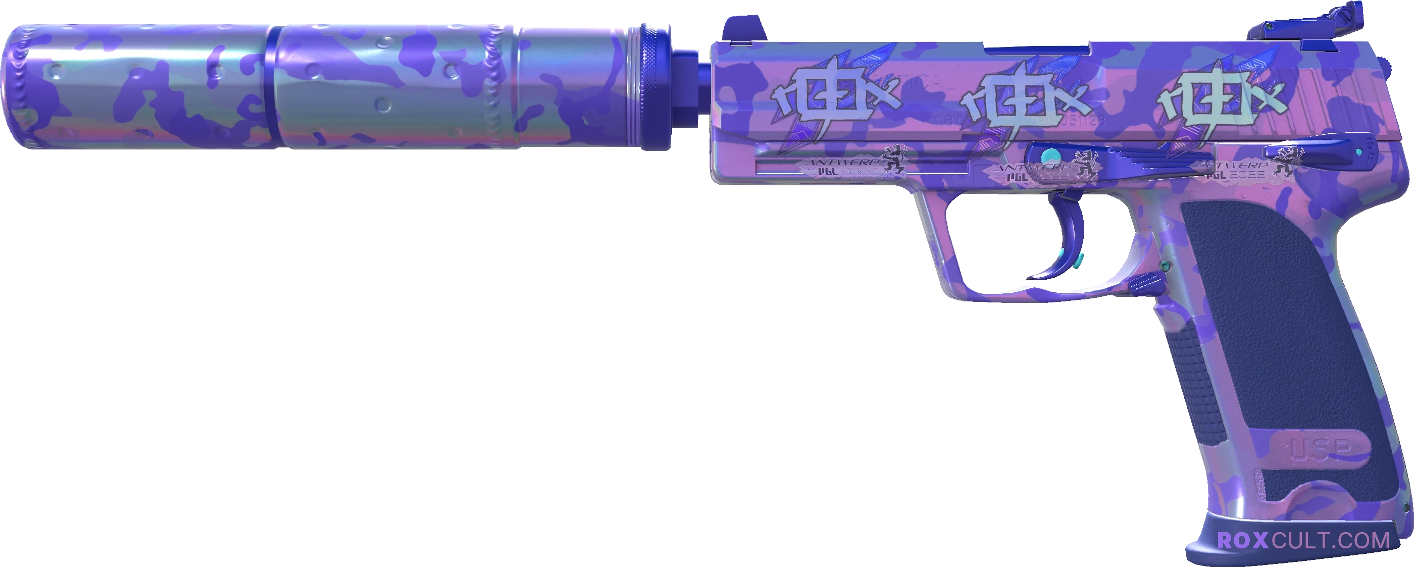 USP-S | Sleeping Potion (Factory New) — rox (Holo) Antwerp 2022 craft, playside view with 3 rox (Holo) stickers