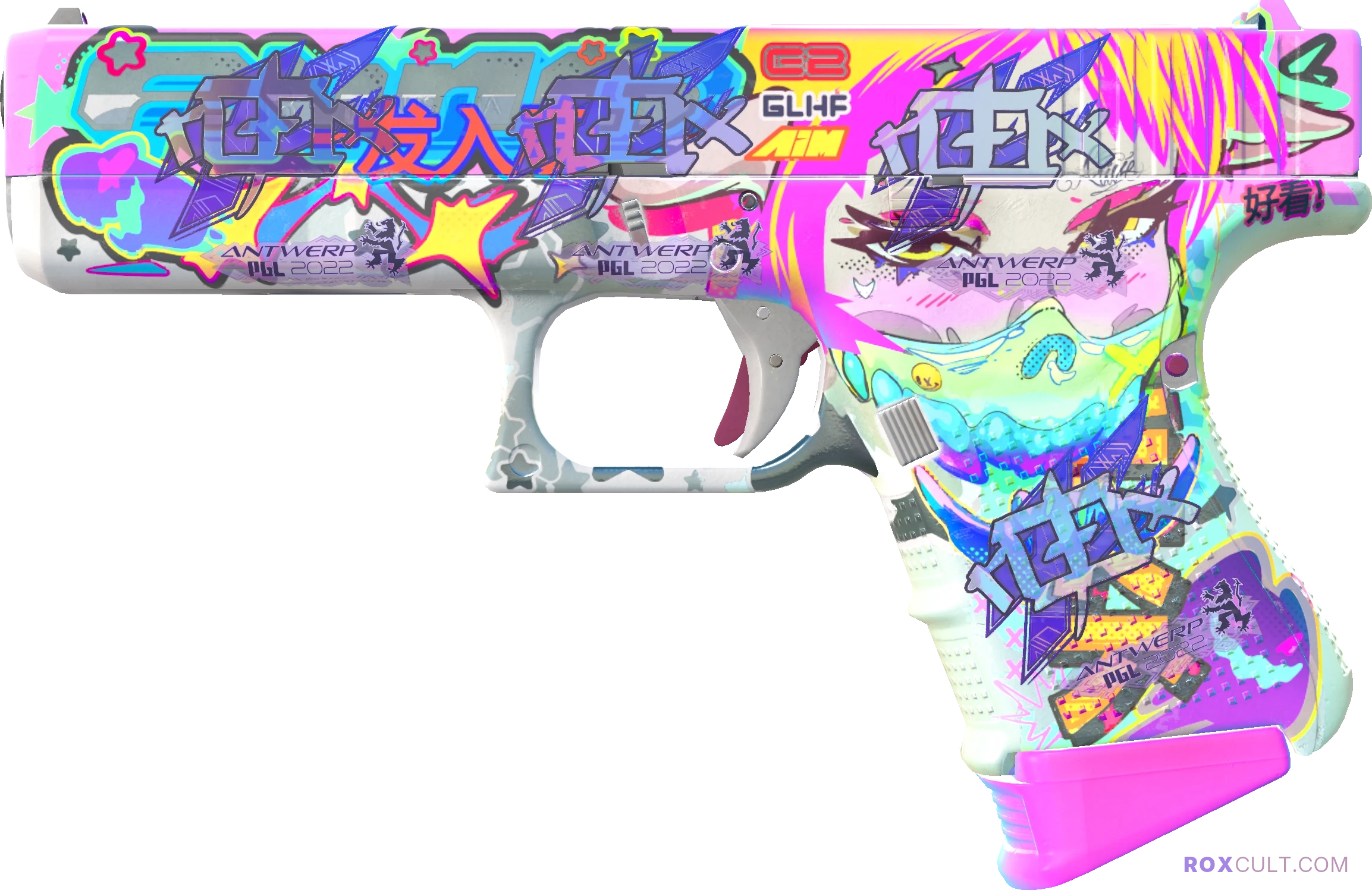 Glock-18 | Fully Tuned (Factory New) — rox (Holo) Antwerp 2022 craft, playside view with 4 rox (Holo) stickers