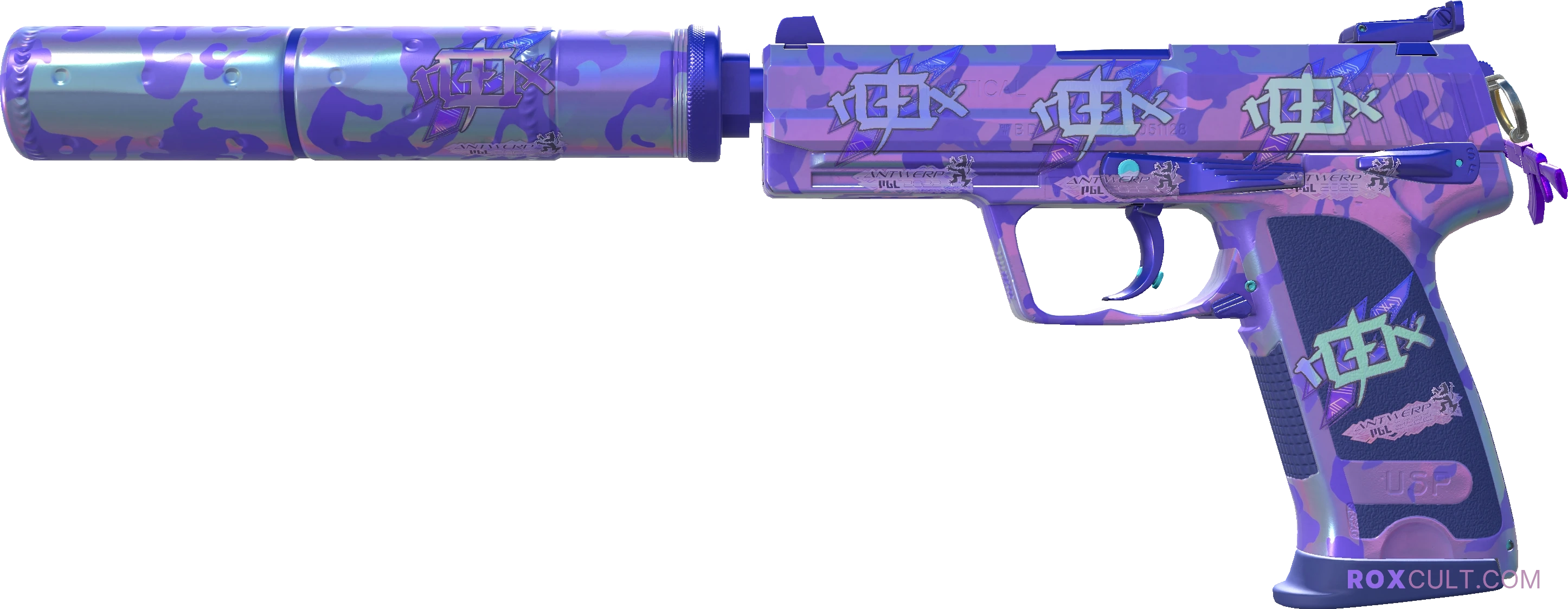 USP-S | Sleeping Potion (Factory New) — rox (Holo) Antwerp 2022 craft, playside view with 5 rox (Holo) stickers