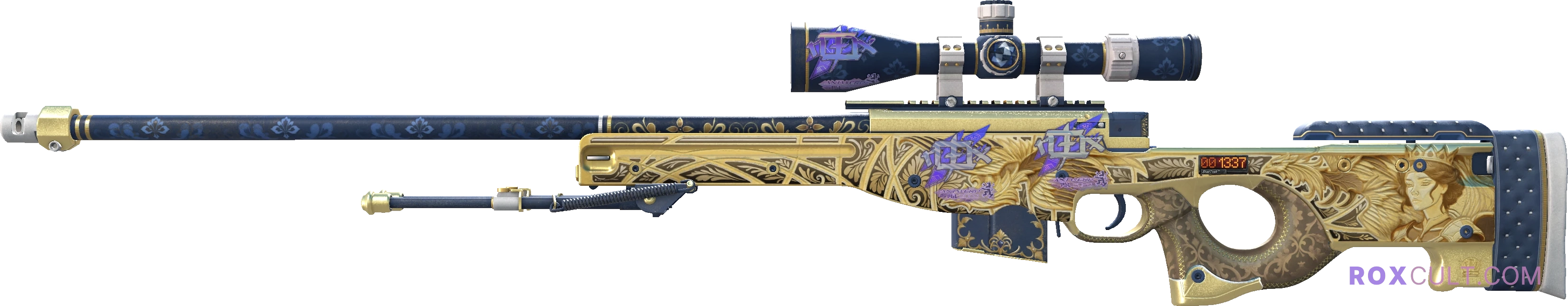 StatTrak™ AWP | Queen's Gambit (Minimal Wear) — rox (Holo) Antwerp 2022 craft, playside view with 3 rox (Holo) stickers