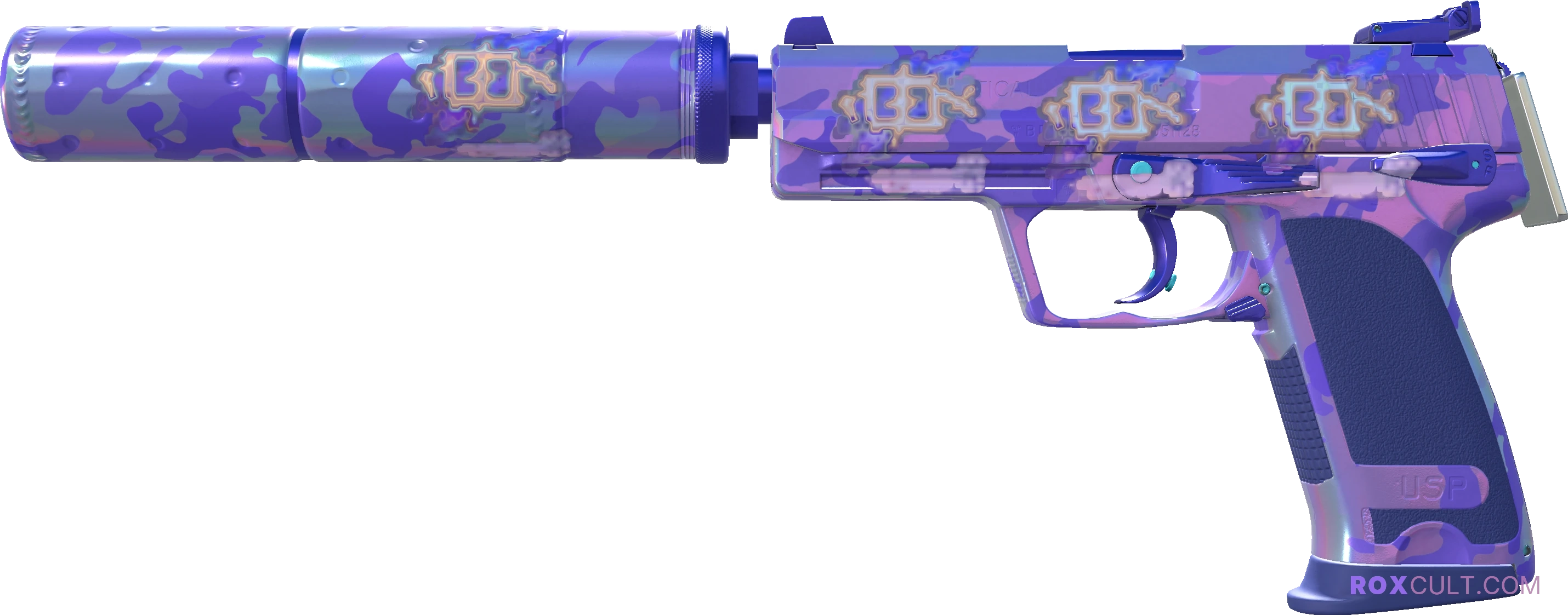 USP-S | Sleeping Potion (Factory New) — rox (Holo) Antwerp 2022 craft, playside view with 4 rox (Holo) stickers