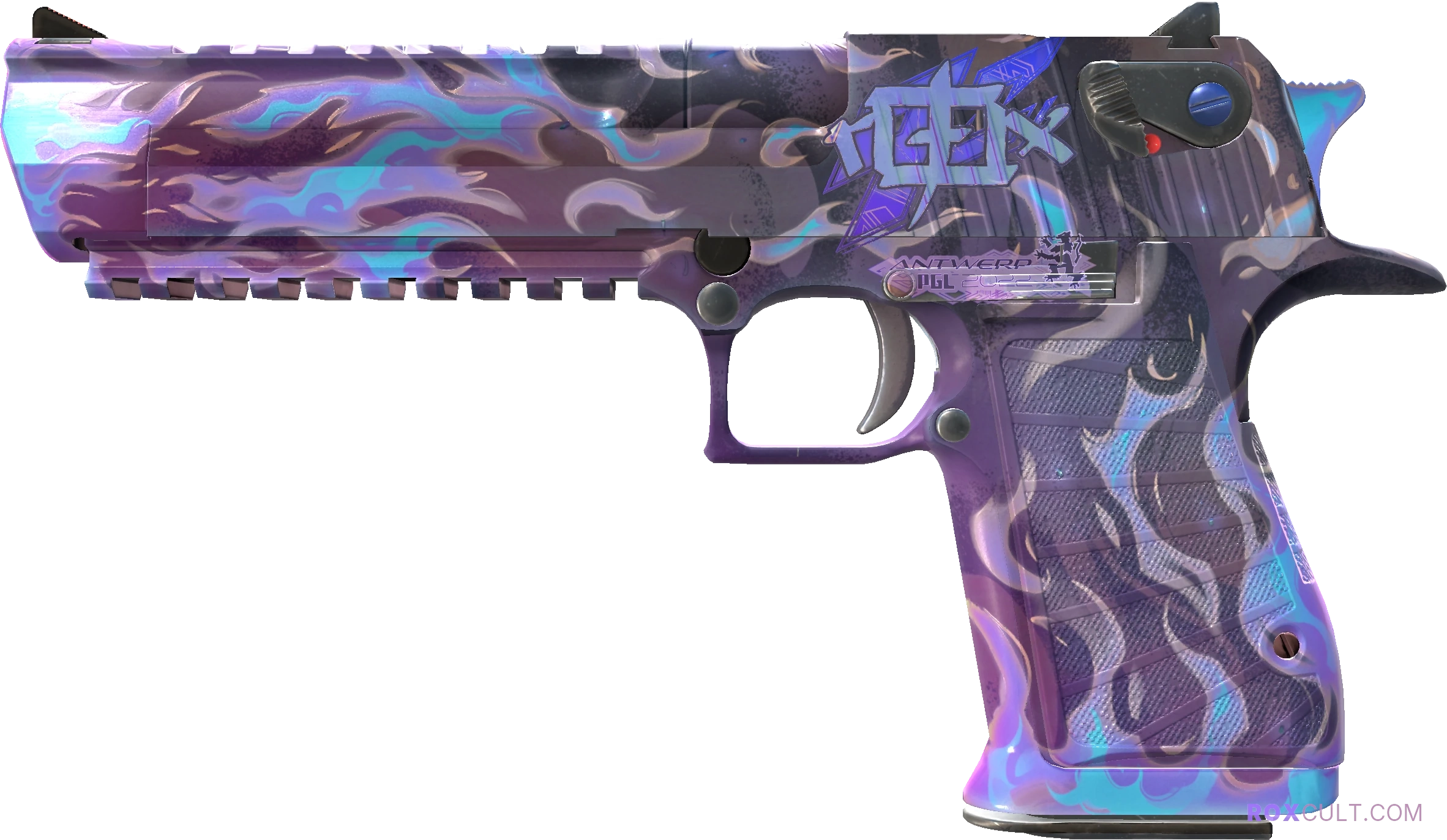 Desert Eagle | Firebreathing (Factory New) — rox (Holo) Antwerp 2022 craft, playside view with 1 rox (Holo) sticker