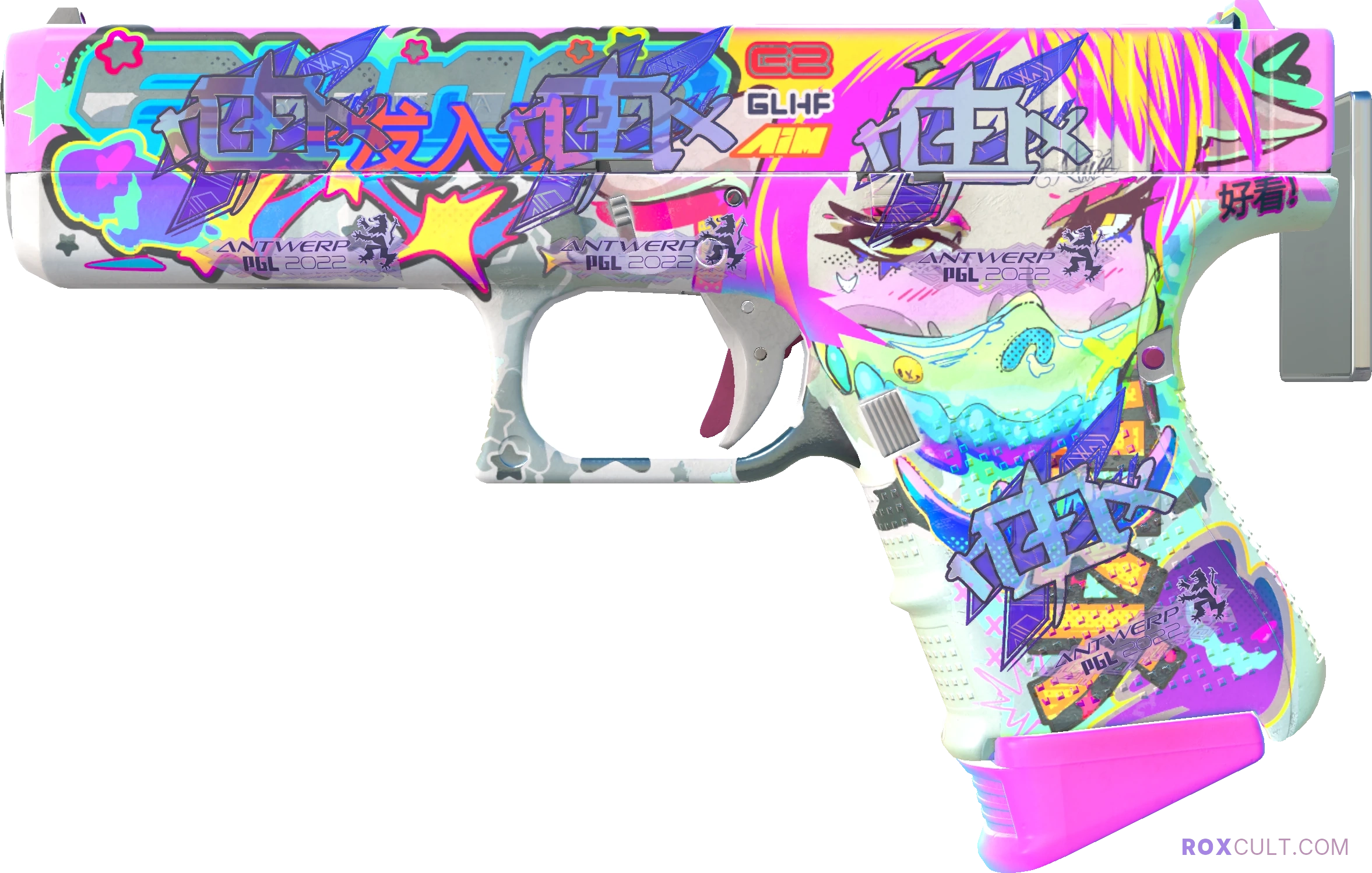 Glock-18 | Fully Tuned (Minimal Wear) — rox (Holo) Antwerp 2022 craft, playside view with 4 rox (Holo) stickers