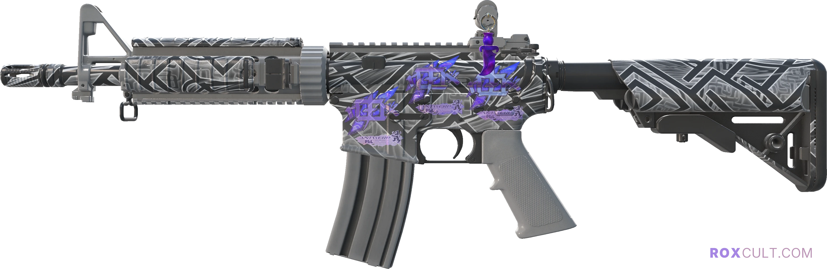 M4A4 | Aeolian Dark (Factory New) — rox (Holo) Antwerp 2022 craft, playside view with 3 rox (Holo) stickers
