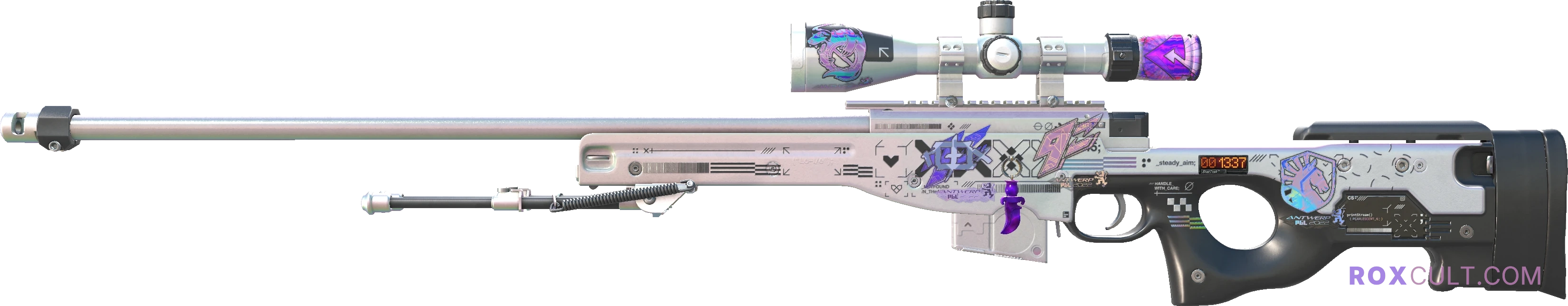 StatTrak™ AWP | Printstream (Minimal Wear) — rox (Holo) Antwerp 2022 craft, playside view with 1 rox (Holo) sticker