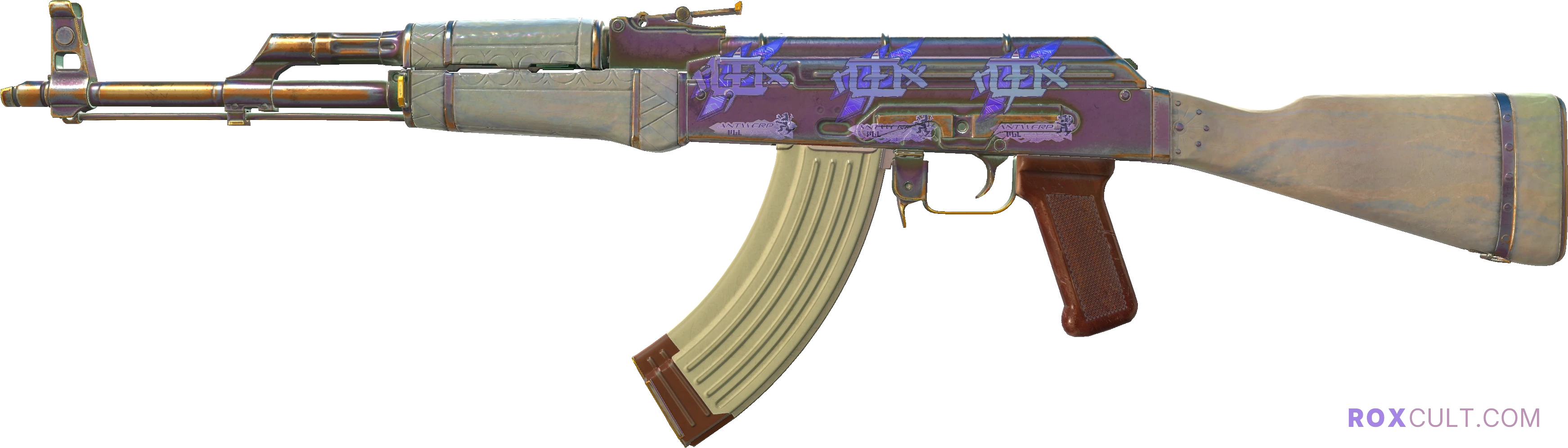 AK-47 | Aphrodite (Factory New) — rox (Holo) Antwerp 2022 craft, playside view with 3 rox (Holo) stickers