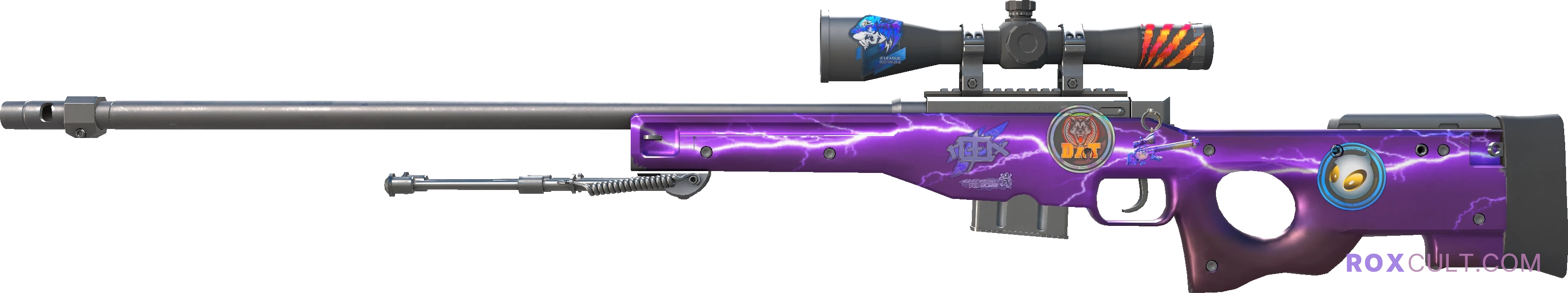 AWP | Lightning Strike (Factory New) — rox (Holo) Antwerp 2022 craft, playside view with 1 rox (Holo) sticker
