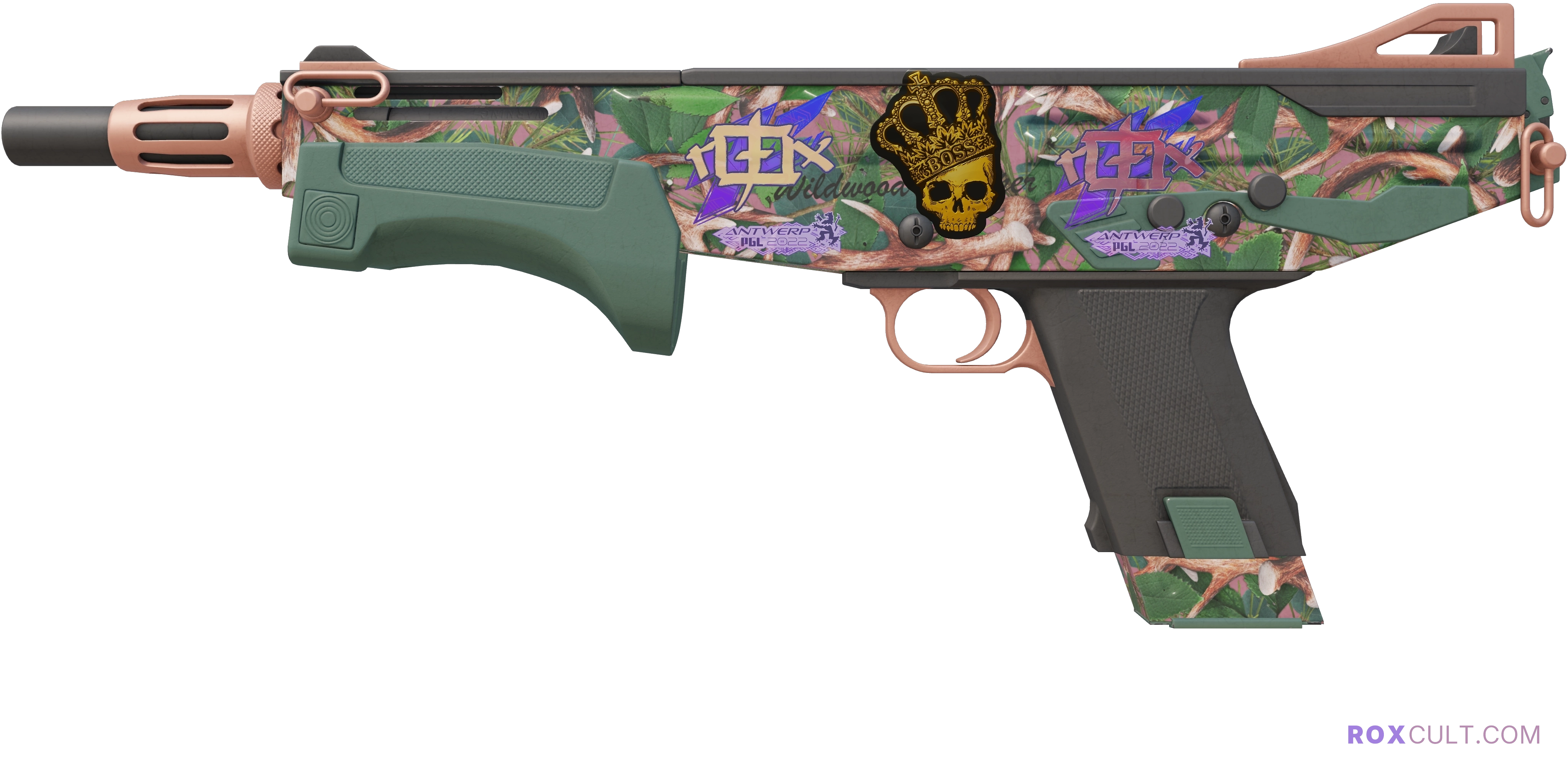 MAG-7 | Wildwood (Factory New) — rox (Holo) Antwerp 2022 craft, playside view with 2 rox (Holo) stickers