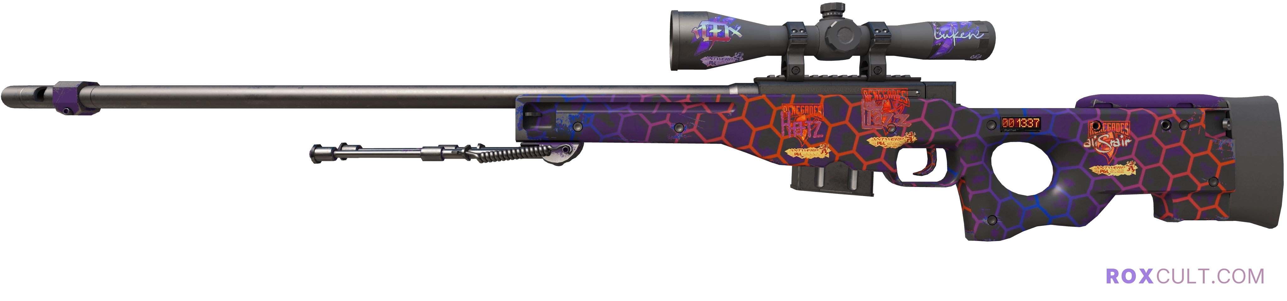 StatTrak™ AWP | Electric Hive (Minimal Wear) — rox (Holo) Antwerp 2022 craft, playside view with 1 rox (Holo) sticker