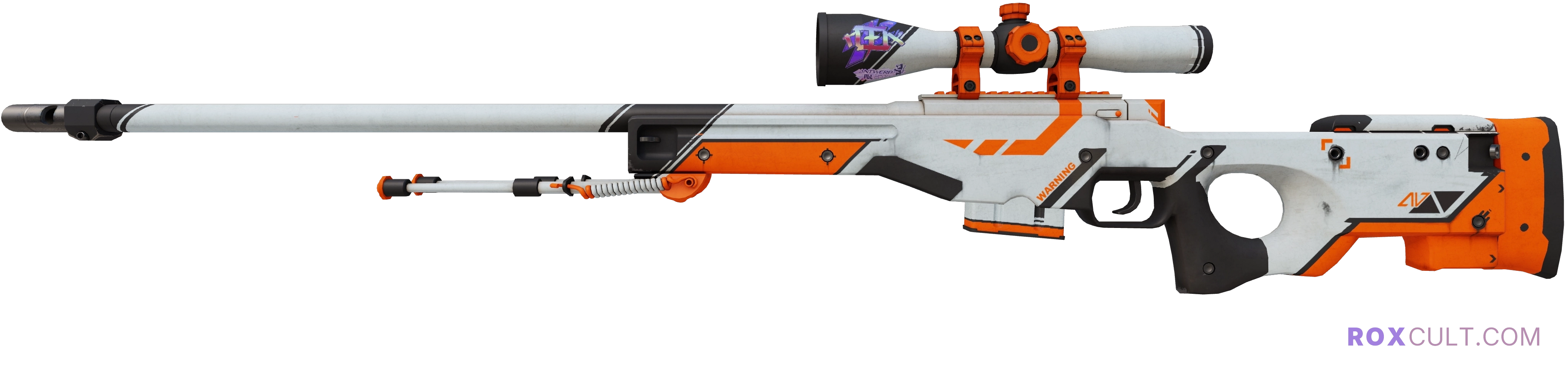 AWP | Asiimov (Field-Tested) — rox (Holo) Antwerp 2022 craft, playside view with 1 rox (Holo) sticker