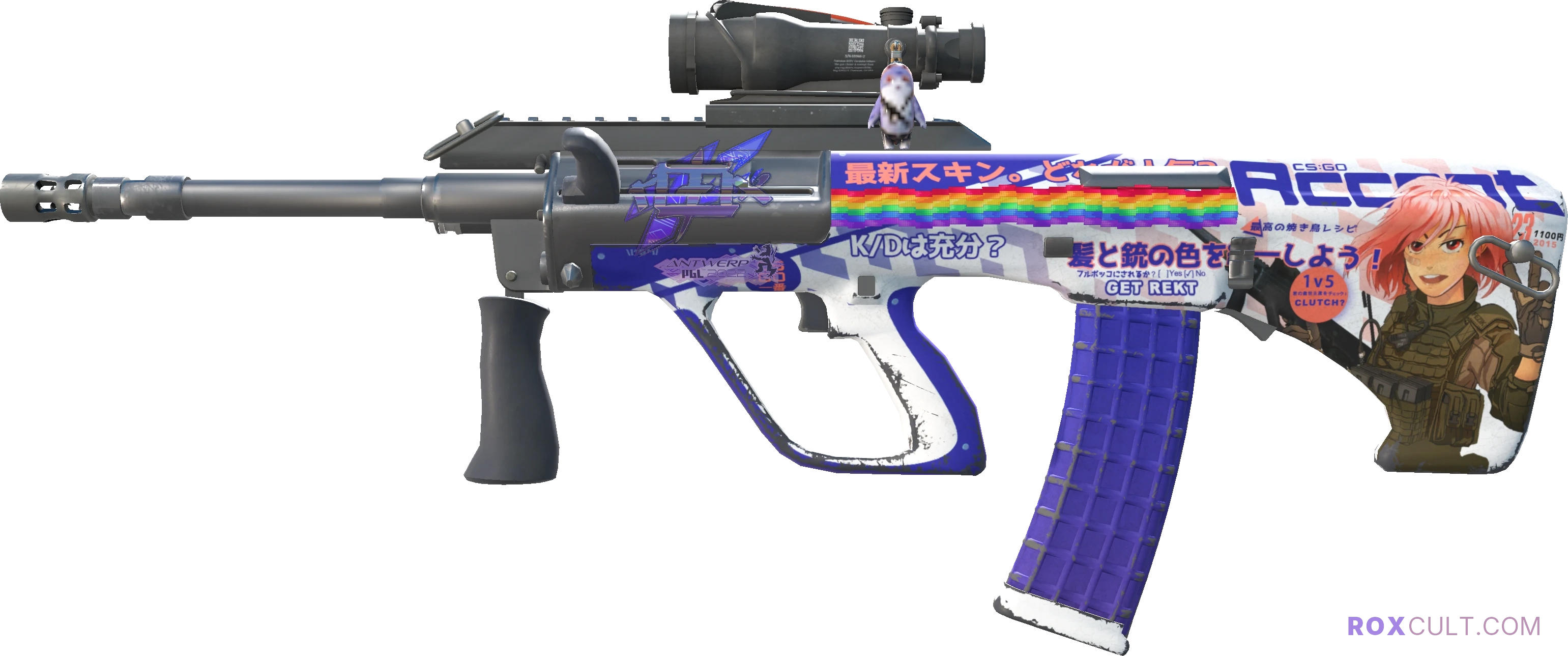 AUG | Akihabara Accept (Field-Tested) — rox (Holo) Antwerp 2022 craft, playside view with 1 rox (Holo) sticker