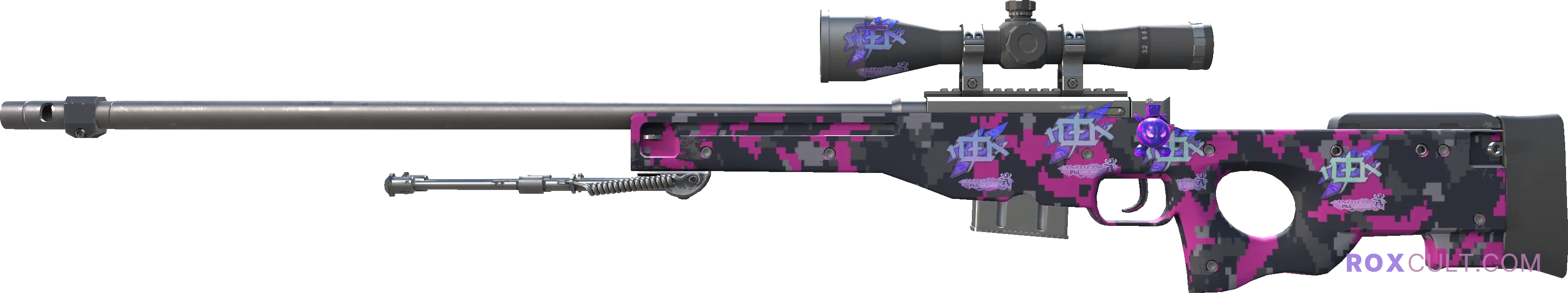 AWP | Pink DDPAT (Factory New) — rox (Holo) Antwerp 2022 craft, playside view with 5 rox (Holo) stickers
