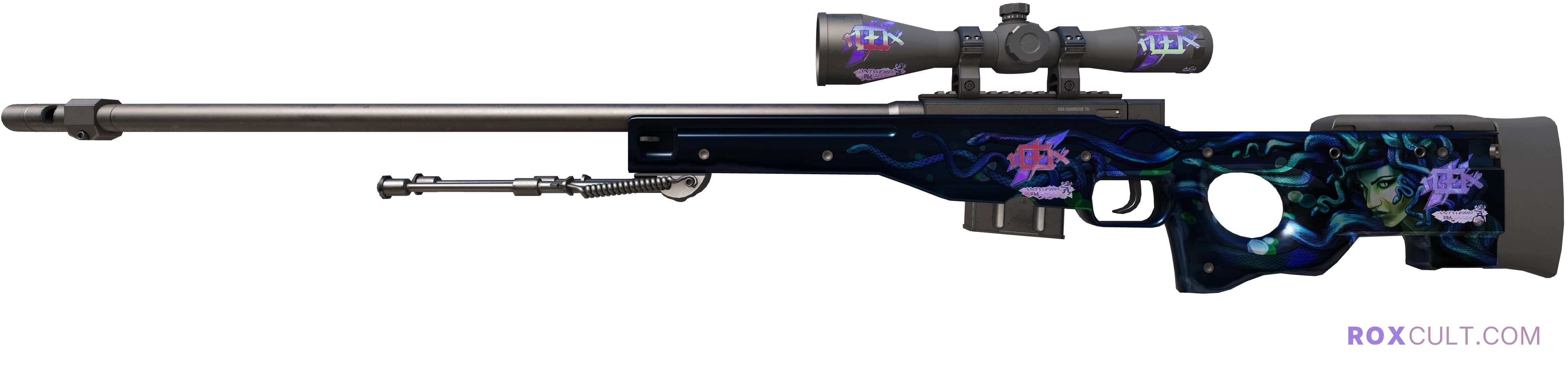 AWP | Medusa (Minimal Wear) — rox (Holo) Antwerp 2022 craft, playside view with 4 rox (Holo) stickers