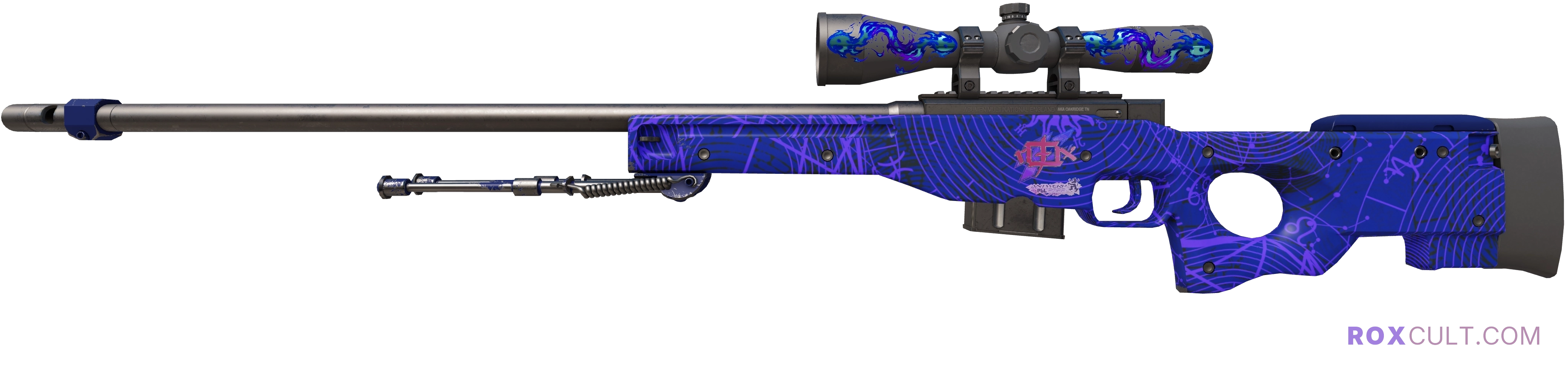 AWP | Sun in Leo (Factory New) — rox (Holo) Antwerp 2022 craft, playside view with 1 rox (Holo) sticker