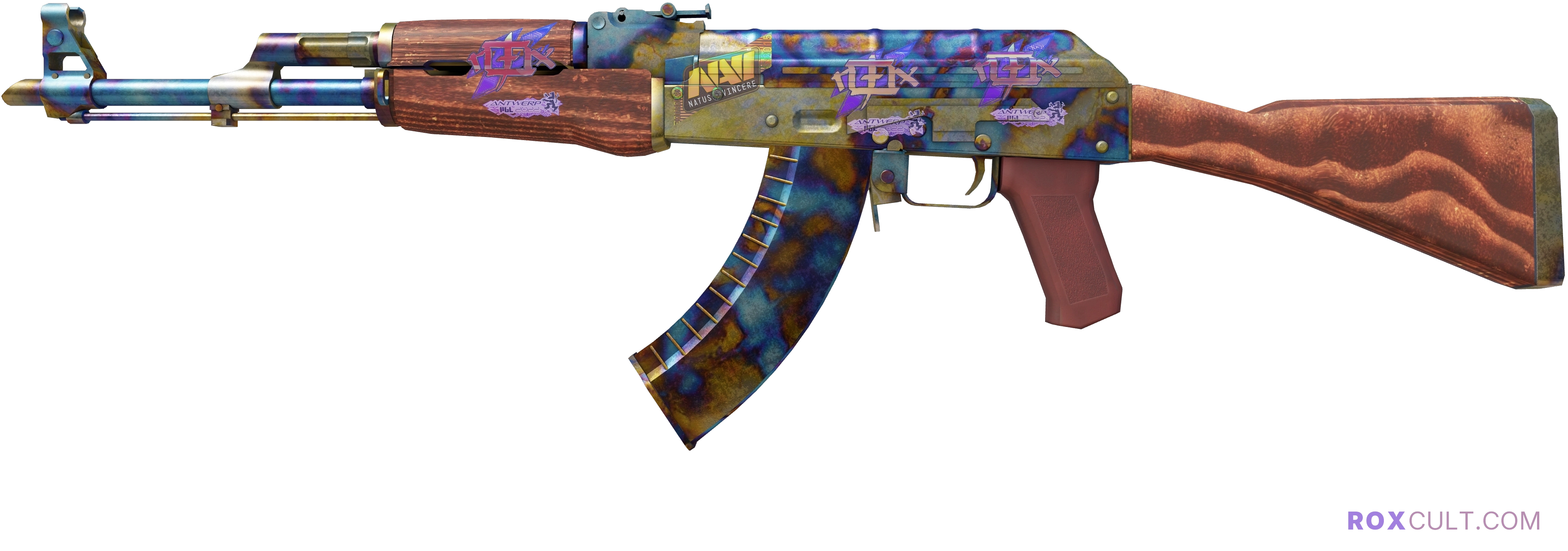 AK-47 | Case Hardened (Well-Worn) — rox (Holo) Antwerp 2022 craft, playside view with 3 rox (Holo) stickers