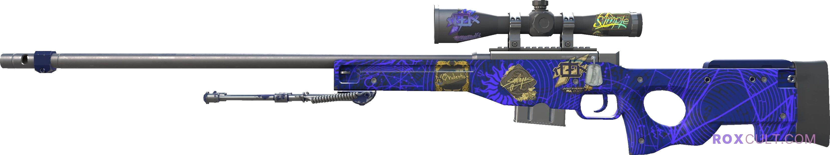 AWP | Sun in Leo (Factory New) — rox (Holo) Antwerp 2022 craft, playside view with 1 rox (Holo) sticker