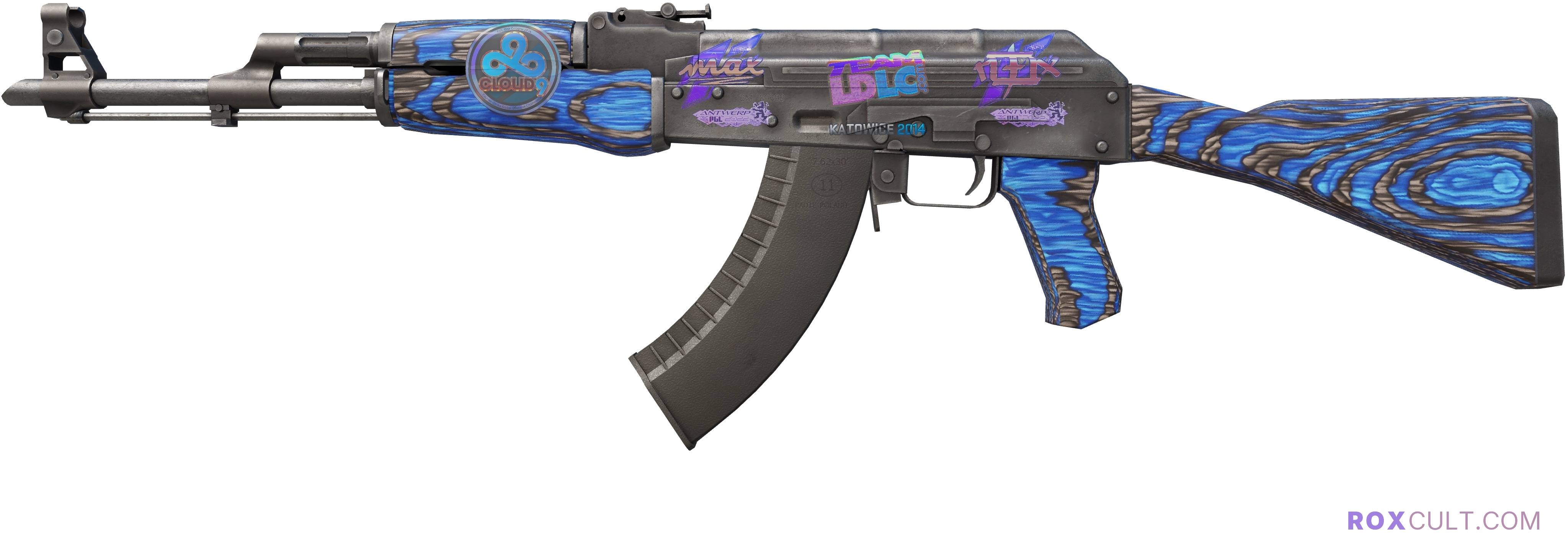 AK-47 | Blue Laminate (Factory New) — rox (Holo) Antwerp 2022 craft, playside view with 1 rox (Holo) sticker