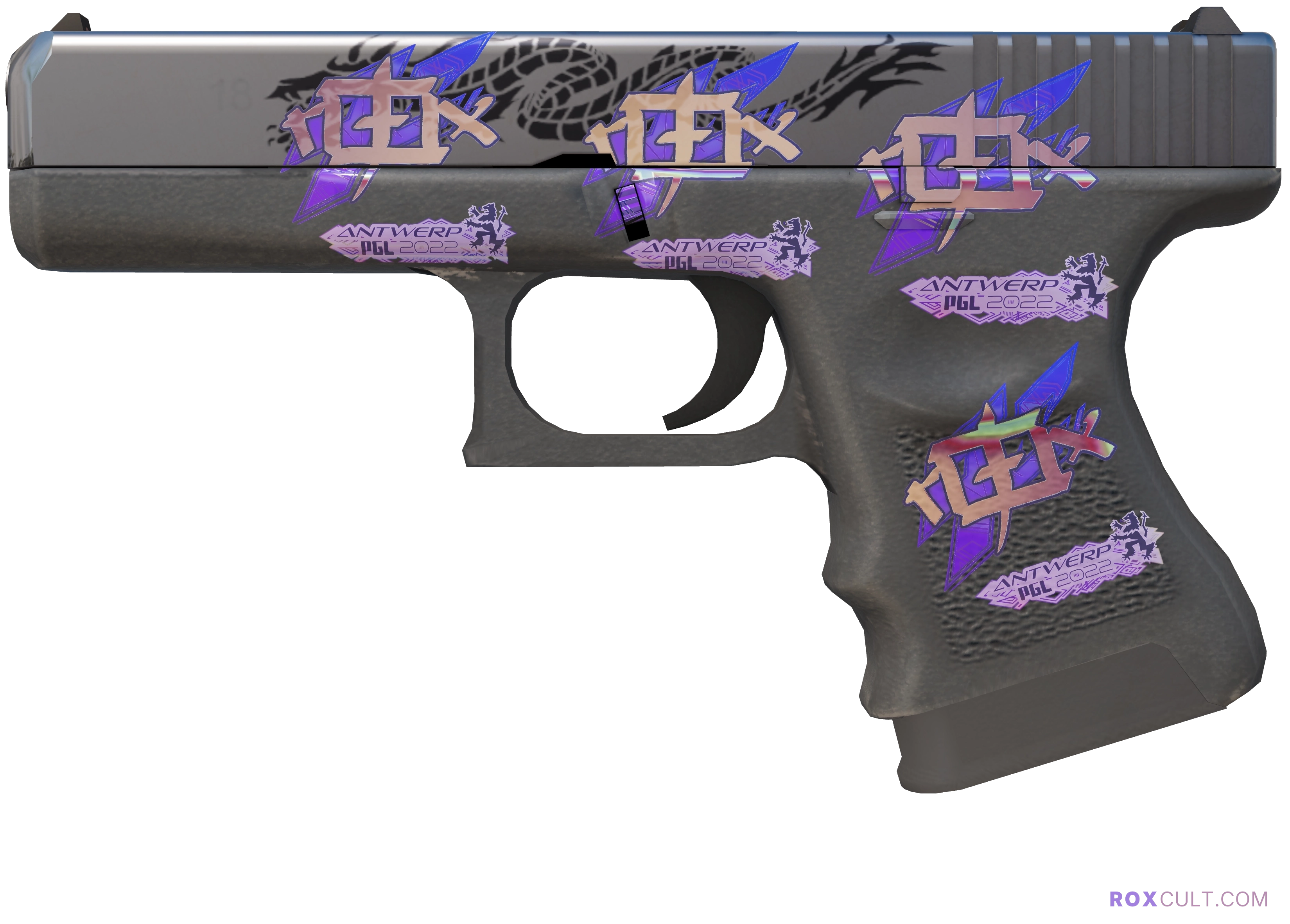 Glock-18 | Dragon Tattoo (Factory New) — rox (Holo) Antwerp 2022 craft, playside view with 4 rox (Holo) stickers