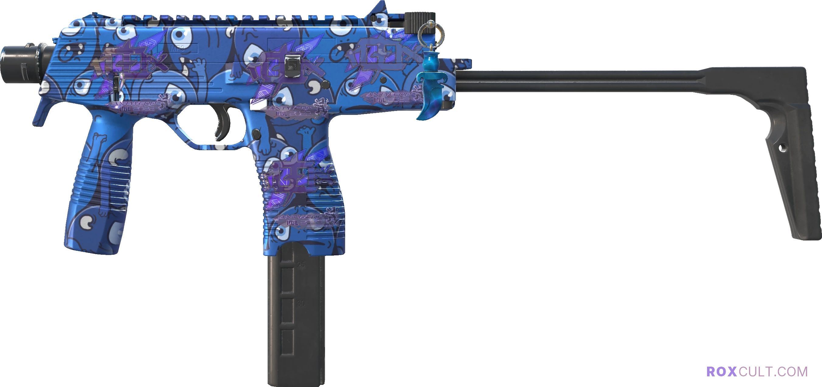 MP9 | Pandora's Box (Factory New) — rox (Holo) Antwerp 2022 craft, playside view with 4 rox (Holo) stickers
