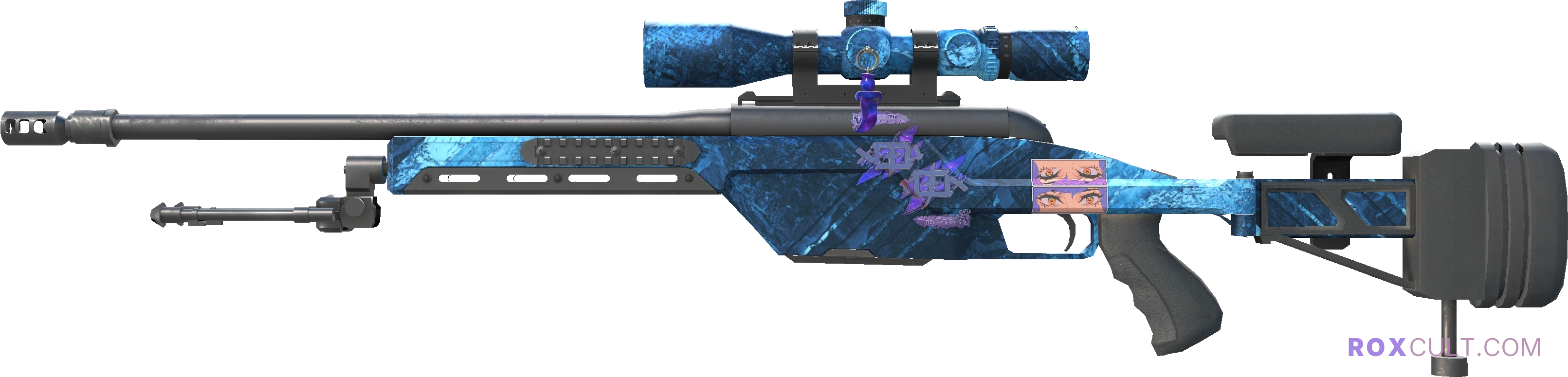 SSG 08 | Abyss (Factory New) — rox (Holo) Antwerp 2022 craft, playside view with 2 rox (Holo) stickers