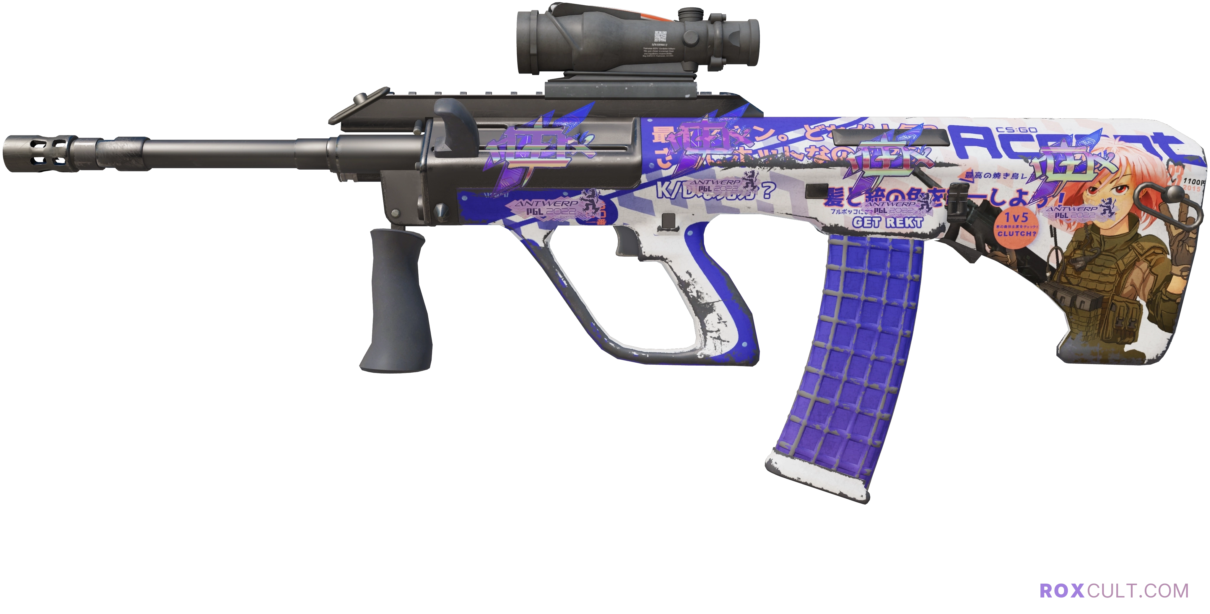 AUG | Akihabara Accept (Field-Tested) — rox (Holo) Antwerp 2022 craft, playside view with 4 rox (Holo) stickers