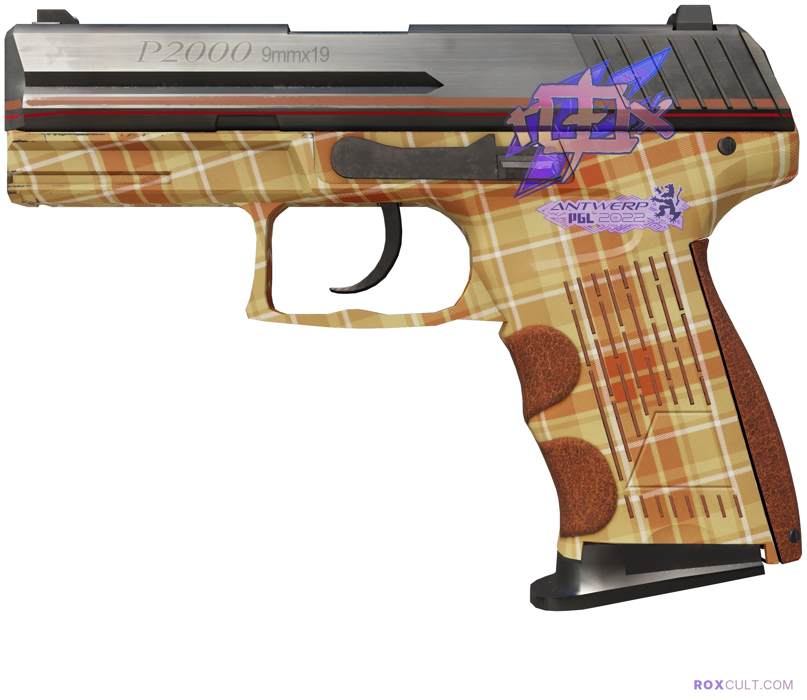 P2000 | Coach Class (Factory New) — rox (Holo) Antwerp 2022 craft, playside view with 1 rox (Holo) sticker
