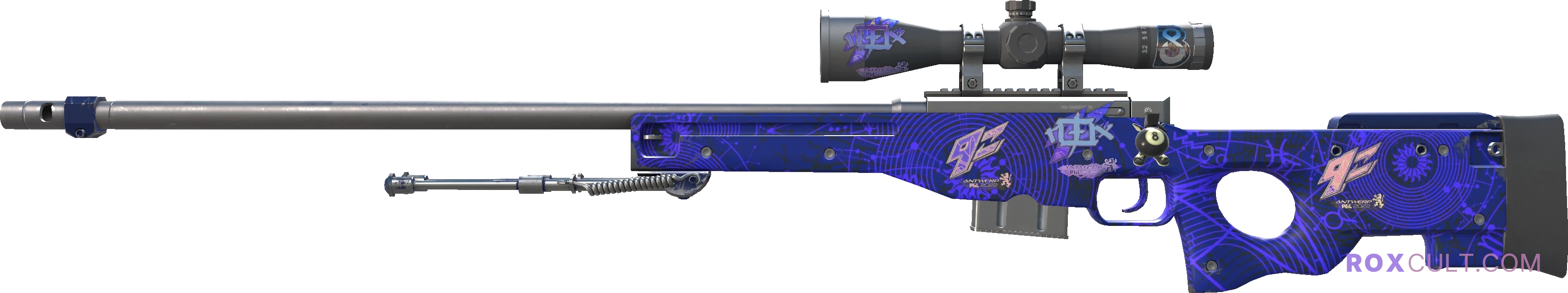 AWP | Sun in Leo (Factory New) — rox (Holo) Antwerp 2022 craft, playside view with 2 rox (Holo) stickers