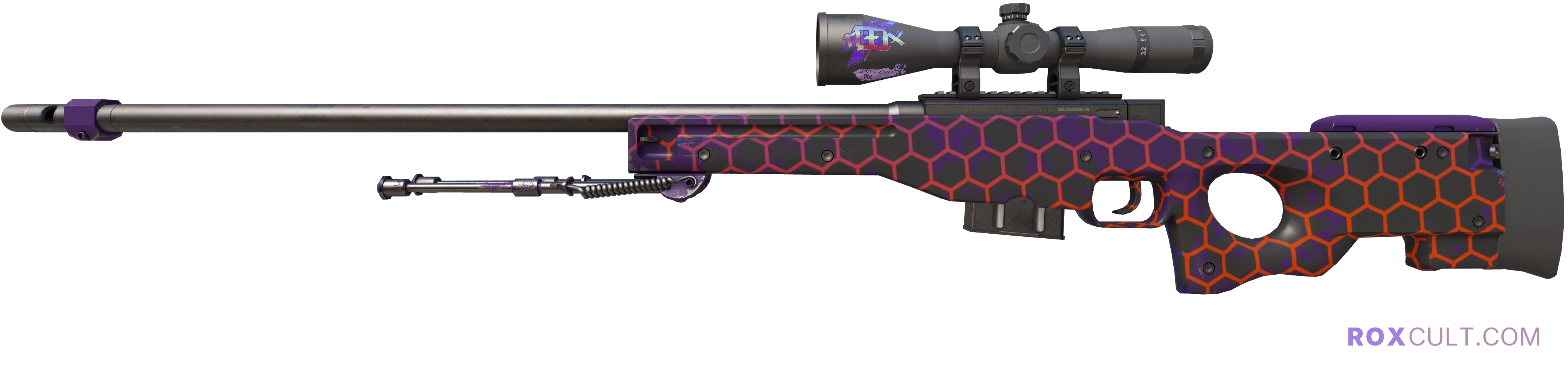 AWP | Electric Hive (Factory New) — rox (Holo) Antwerp 2022 craft, playside view with 1 rox (Holo) sticker