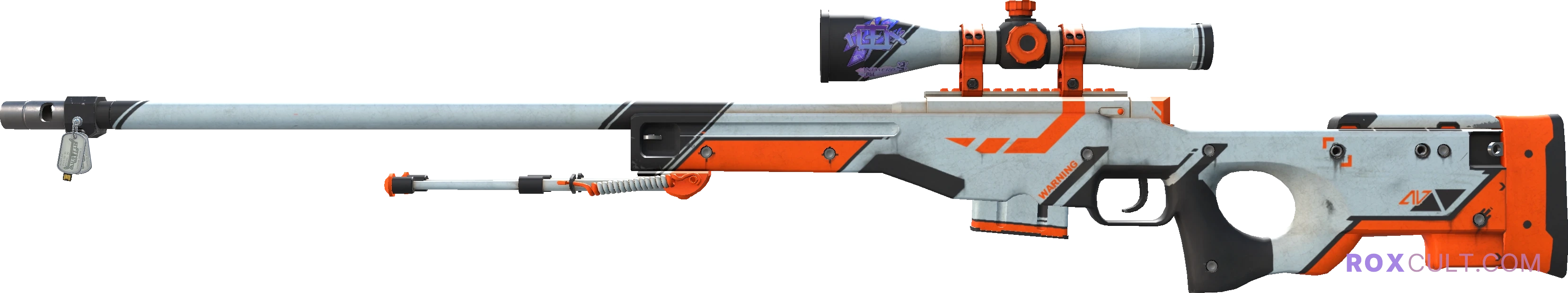AWP | Asiimov (Field-Tested) — rox (Holo) Antwerp 2022 craft, playside view with 1 rox (Holo) sticker