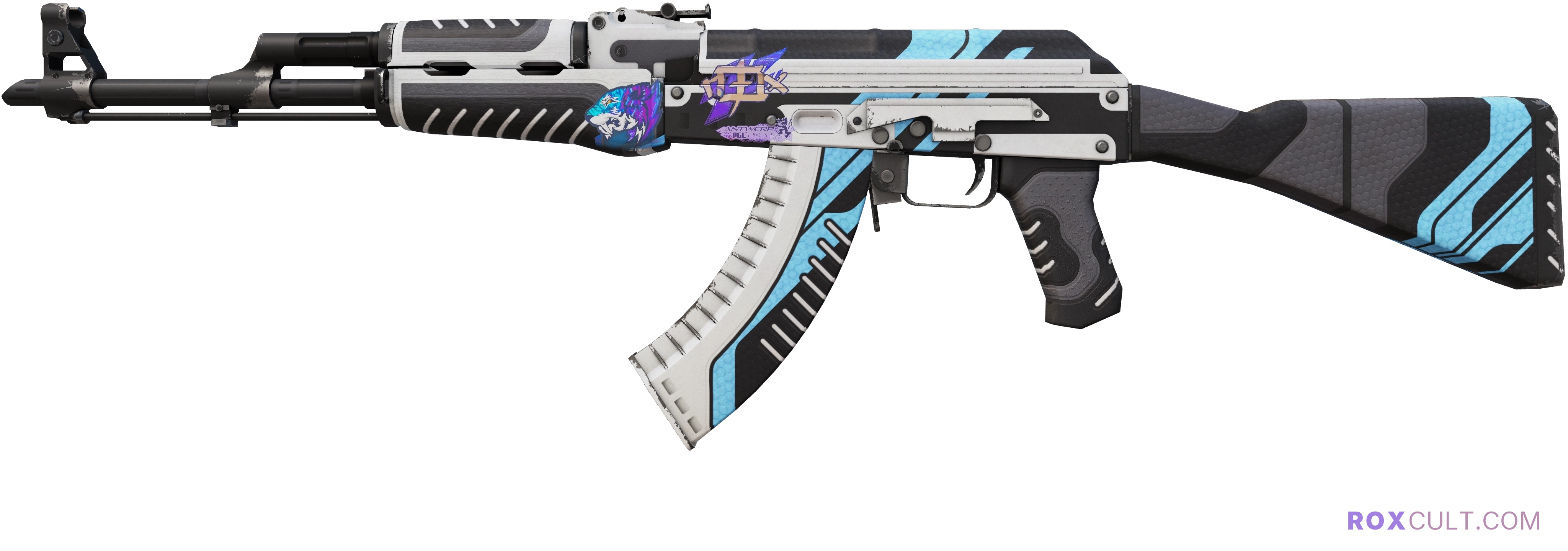 AK-47 | Vulcan (Minimal Wear) — rox (Holo) Antwerp 2022 craft, playside view with 1 rox (Holo) sticker