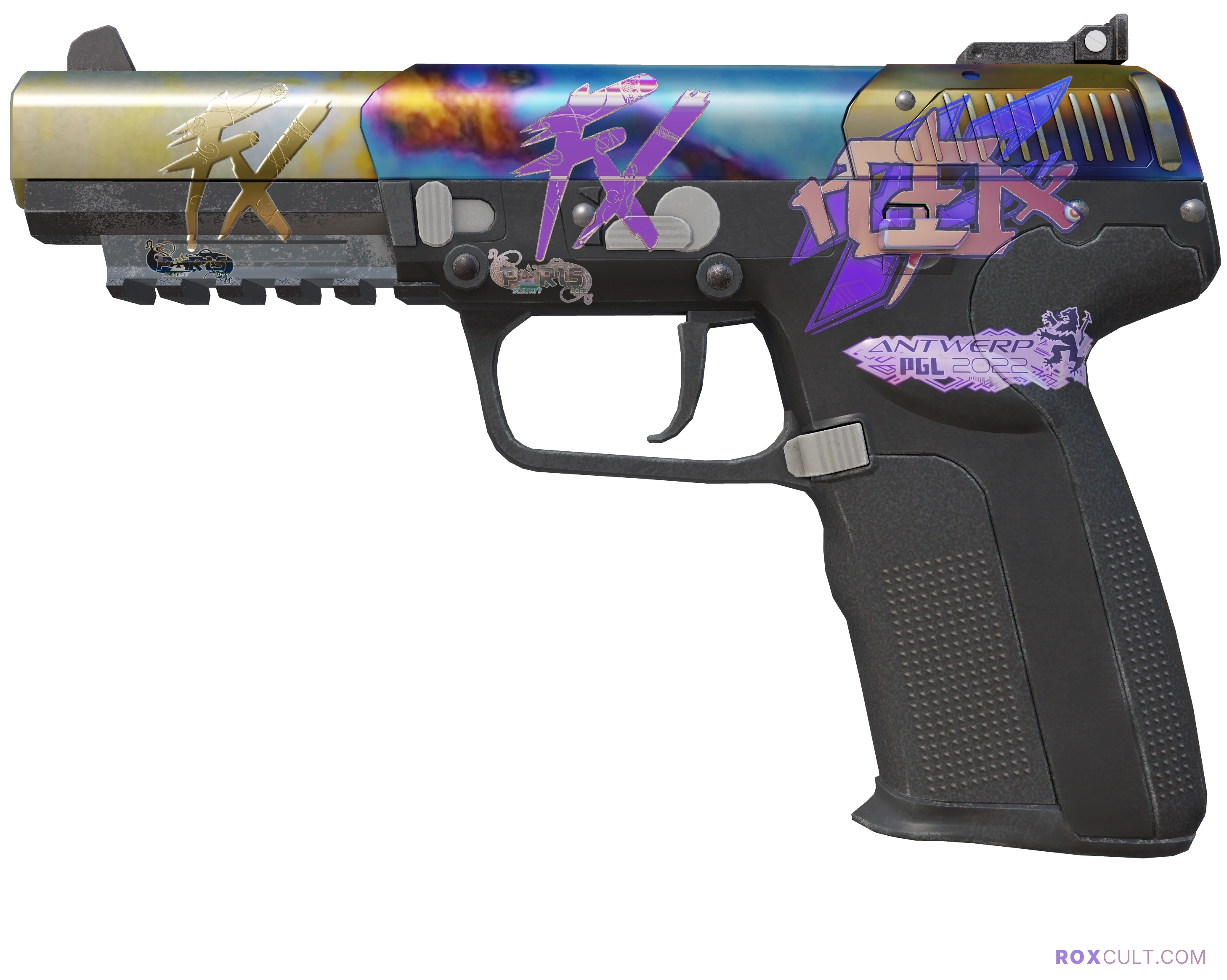 Five-SeveN | Case Hardened (Factory New) — rox (Holo) Antwerp 2022 craft, playside view with 1 rox (Holo) sticker