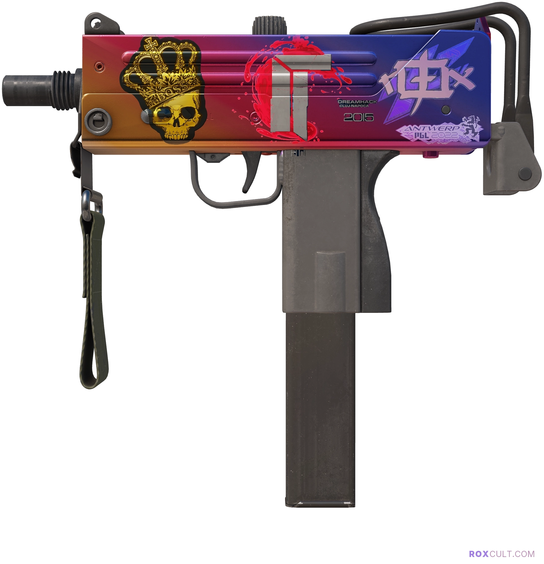MAC-10 | Fade (Factory New) — rox (Holo) Antwerp 2022 craft, playside view with 1 rox (Holo) sticker