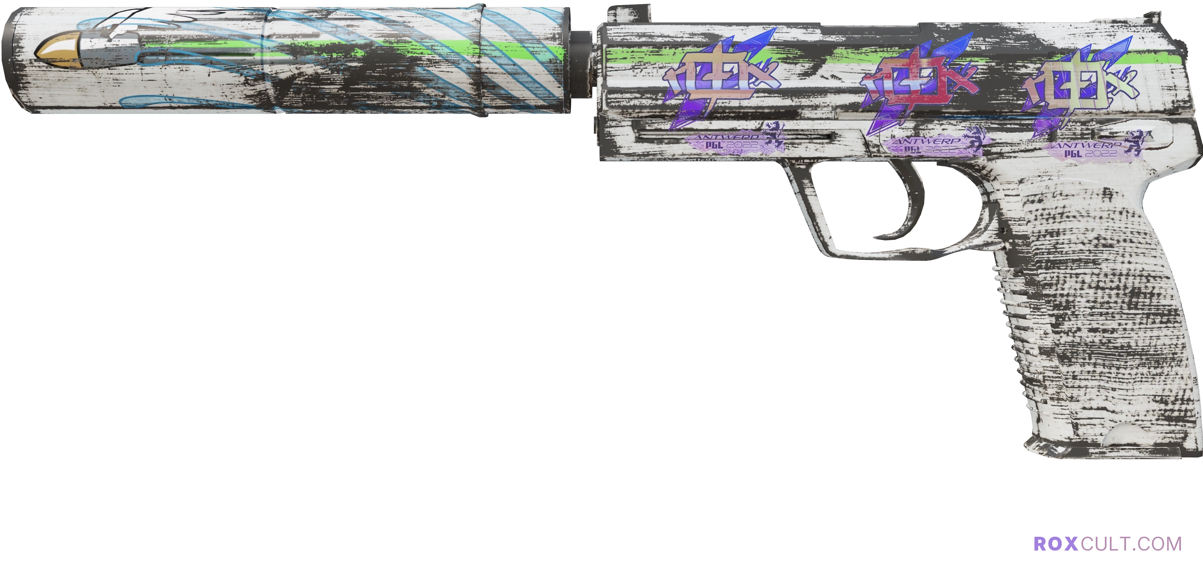 USP-S | Road Rash (Factory New) — rox (Holo) Antwerp 2022 craft, playside view with 3 rox (Holo) stickers