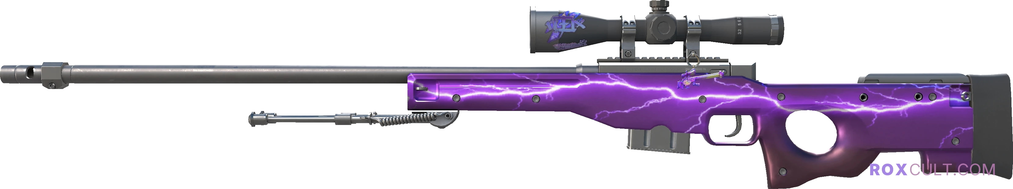 AWP | Lightning Strike (Factory New) — rox (Holo) Antwerp 2022 craft, playside view with 1 rox (Holo) sticker