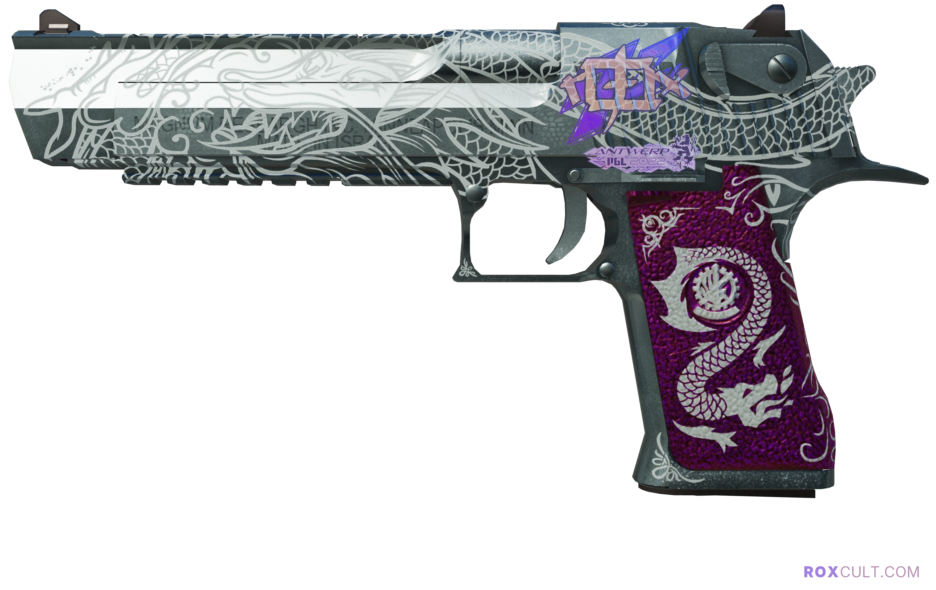 Desert Eagle | Kumicho Dragon (Factory New) — rox (Holo) Antwerp 2022 craft, playside view with 1 rox (Holo) sticker