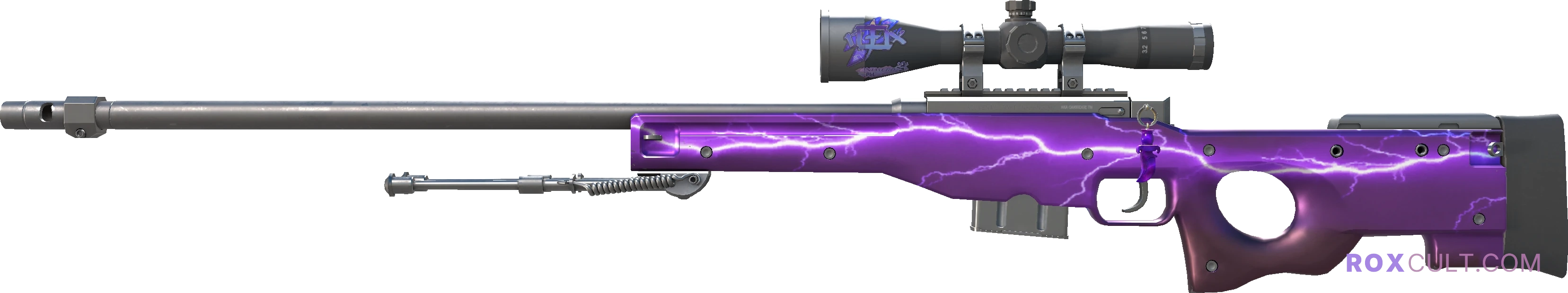 AWP | Lightning Strike (Factory New) — rox (Holo) Antwerp 2022 craft, playside view with 1 rox (Holo) sticker