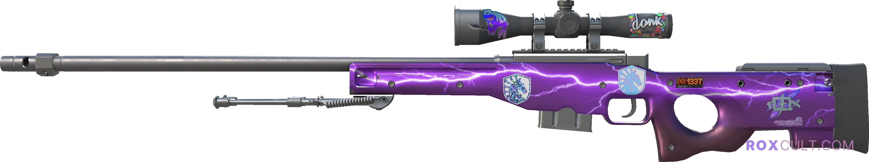 StatTrak™ AWP | Lightning Strike (Factory New) — rox (Holo) Antwerp 2022 craft, playside view with 1 rox (Holo) sticker
