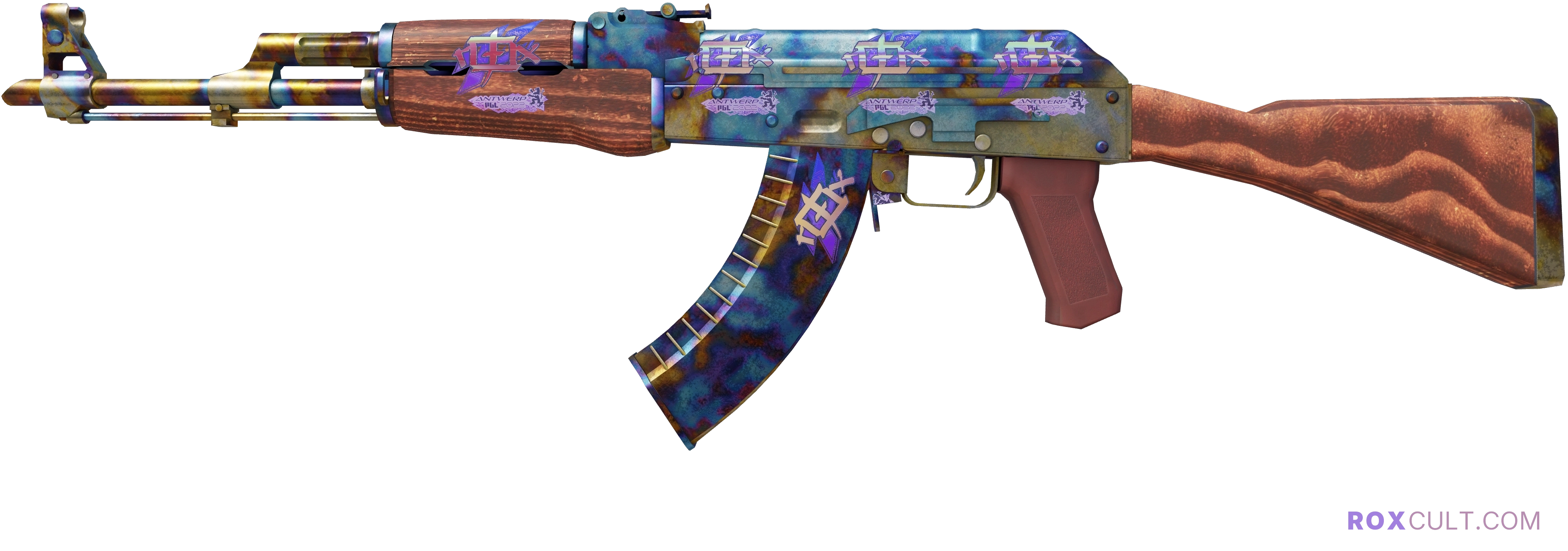 AK-47 | Case Hardened (Well-Worn) — rox (Holo) Antwerp 2022 craft, playside view with 5 rox (Holo) stickers