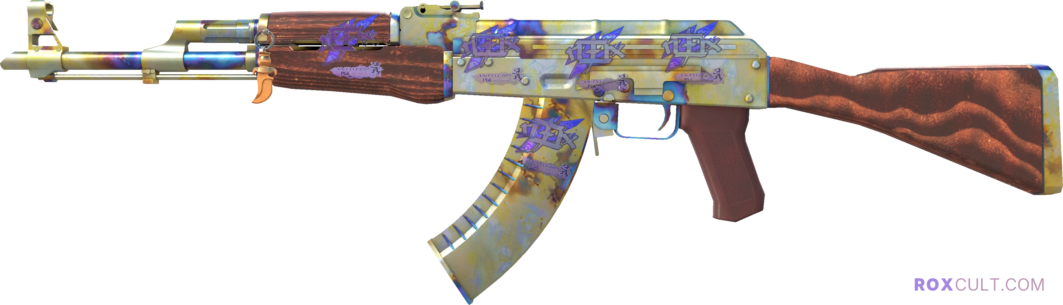 AK-47 | Case Hardened (Factory New) — rox (Holo) Antwerp 2022 craft, playside view with 5 rox (Holo) stickers