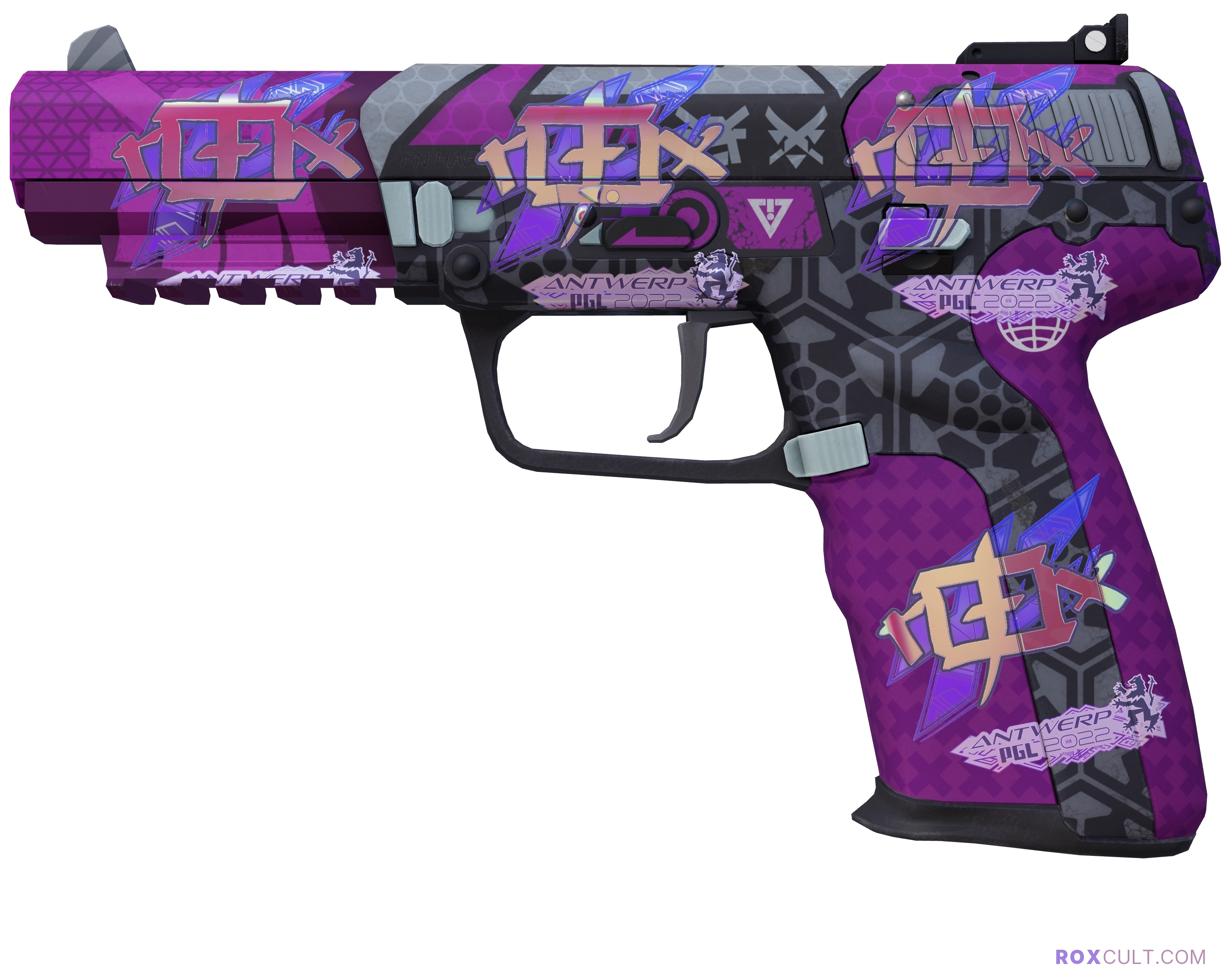 Five-SeveN | Violent Daimyo (Factory New) — rox (Holo) Antwerp 2022 craft, playside view with 4 rox (Holo) stickers