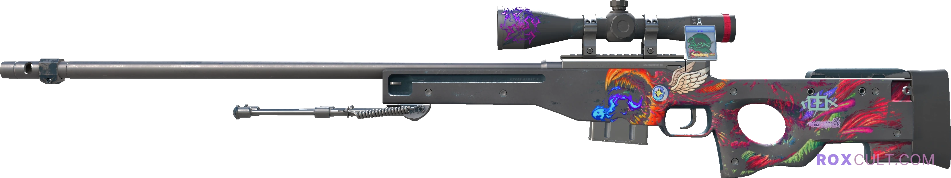 AWP | Hyper Beast (Battle-Scarred) — rox (Holo) Antwerp 2022 craft, playside view with 1 rox (Holo) sticker