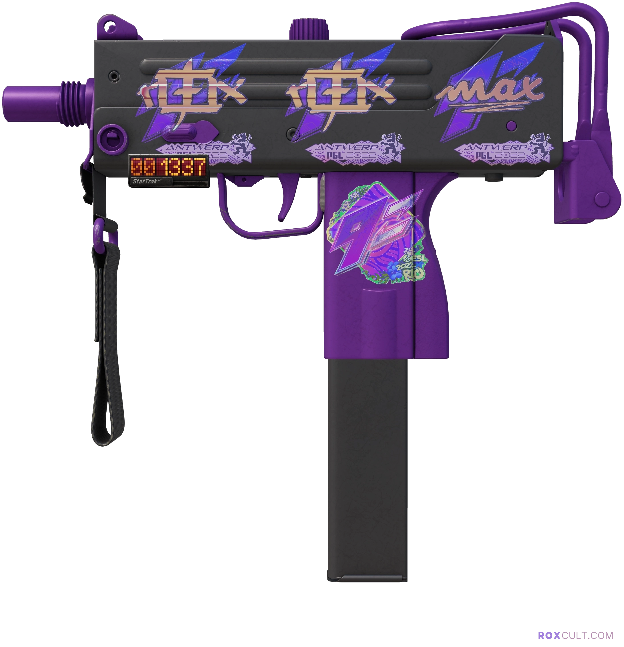 StatTrak™ MAC-10 | Ultraviolet (Factory New) — rox (Holo) Antwerp 2022 craft, playside view with 2 rox (Holo) stickers