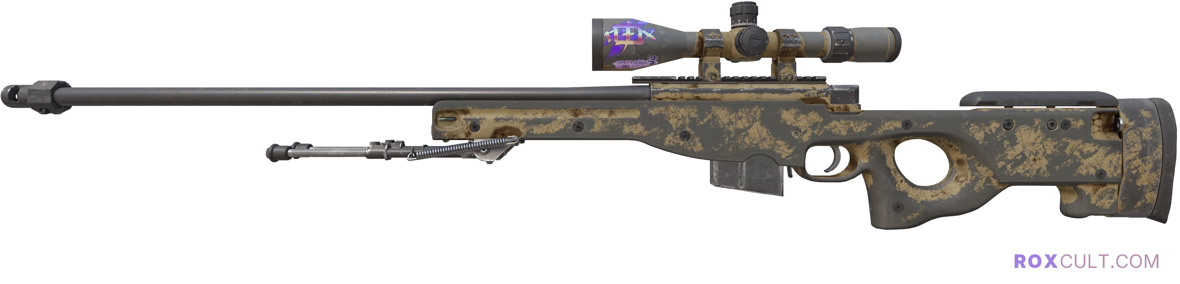 AWP | Snake Camo (Battle-Scarred) — rox (Holo) Antwerp 2022 craft, playside view with 1 rox (Holo) sticker