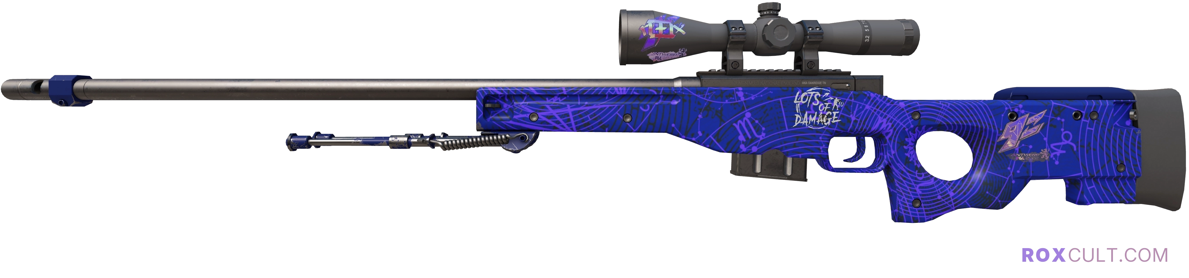 AWP | Sun in Leo (Factory New) — rox (Holo) Antwerp 2022 craft, playside view with 1 rox (Holo) sticker