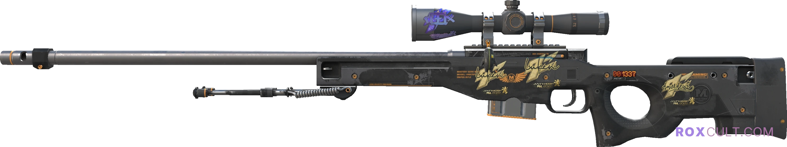 StatTrak™ AWP | Elite Build (Field-Tested) — rox (Holo) Antwerp 2022 craft, playside view with 1 rox (Holo) sticker