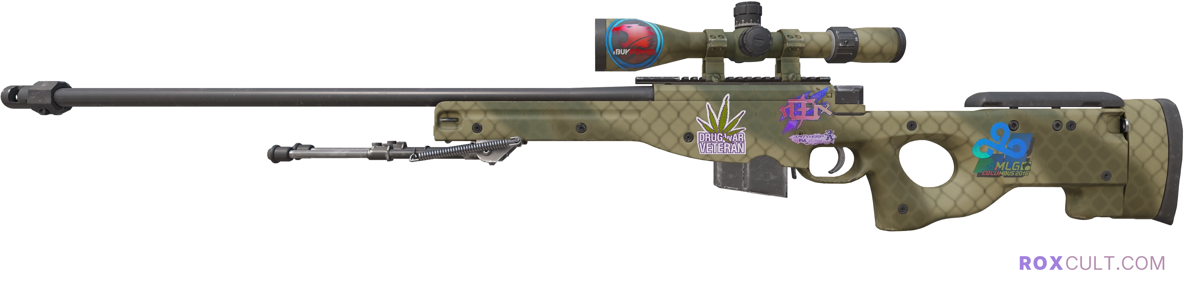 AWP | Safari Mesh (Factory New) — rox (Holo) Antwerp 2022 craft, playside view with 1 rox (Holo) sticker