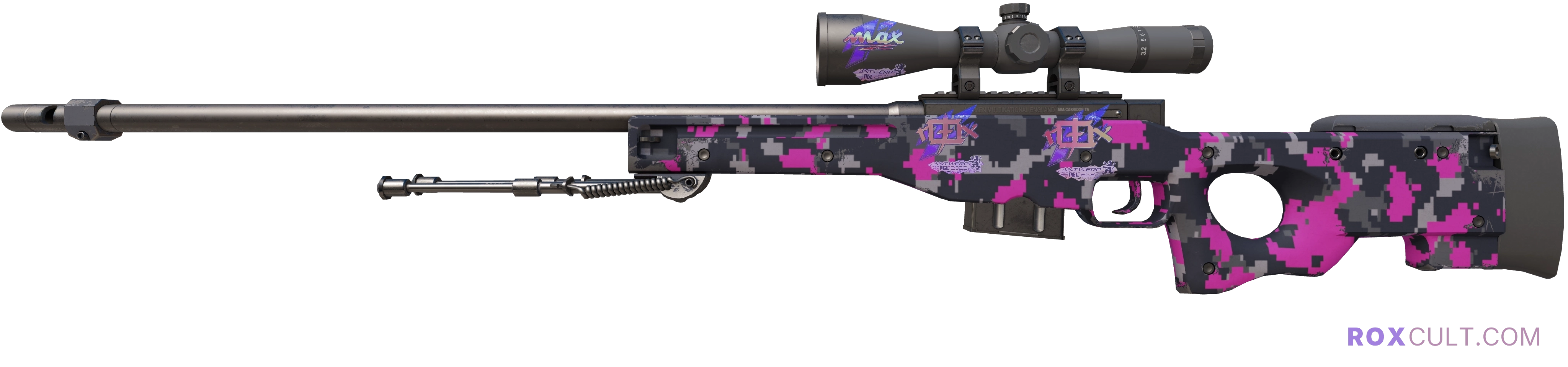 AWP | Pink DDPAT (Minimal Wear) — rox (Holo) Antwerp 2022 craft, playside view with 2 rox (Holo) stickers